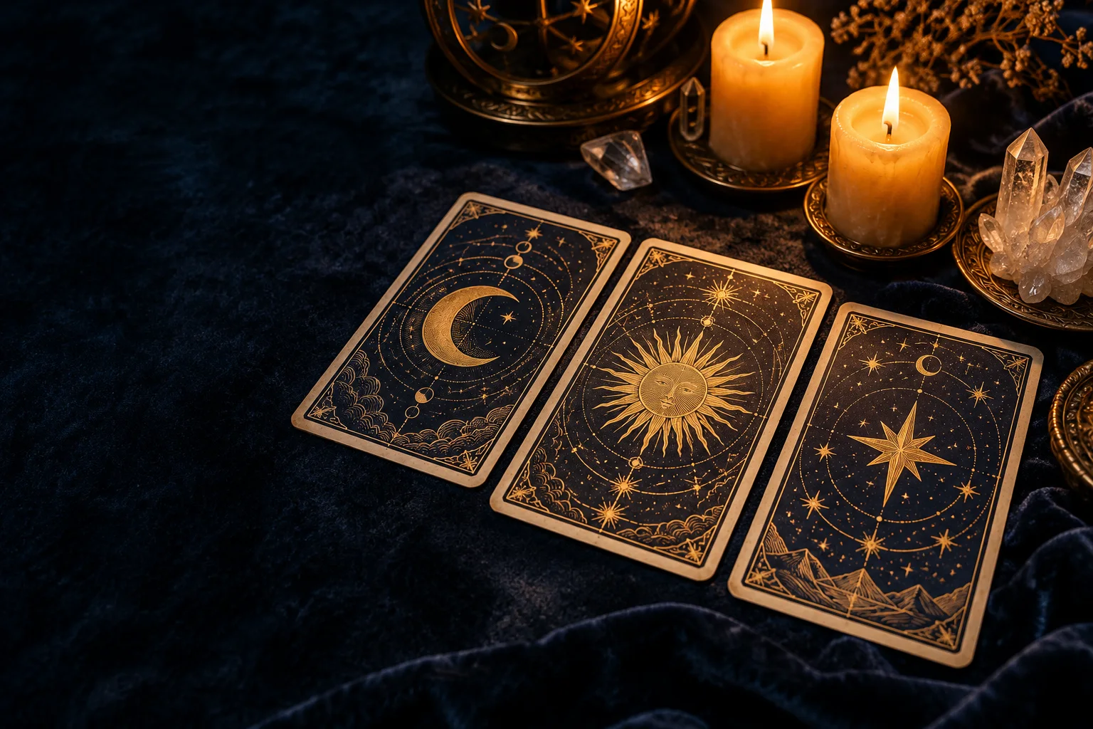 Cartas de Tarot con símbolos de luna, sol y estrella, junto a velas encendidas y cristales sobre una mesa azul noche.